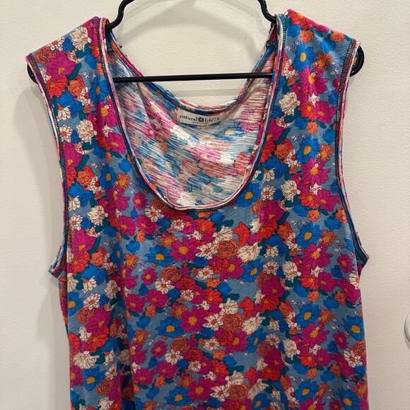 Natural Life Pink Blue Floral Hangout Cotton Jersey Midi Tank Dress Boho Cottage - Picture 4 of 10